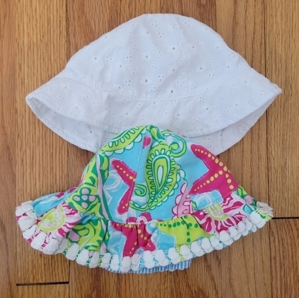 Lot of 2 Baby Toddler Sun Hats Mudpie 0-12 6-18 mth White Eyelet Bright Colorful